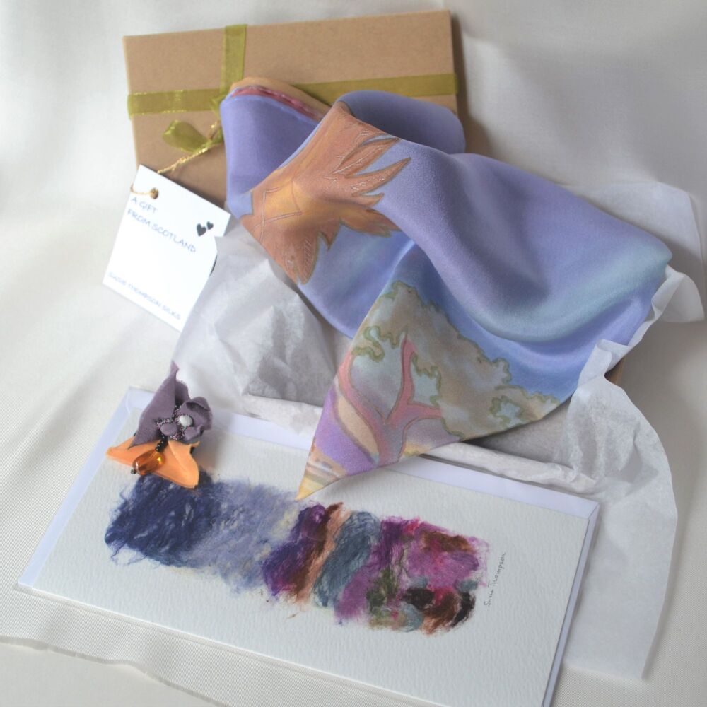 gift set, silk scarf. brooch, card with box