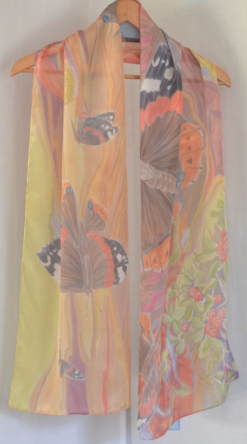 Hand painted silk scarf with a unique design by Susie Thompson