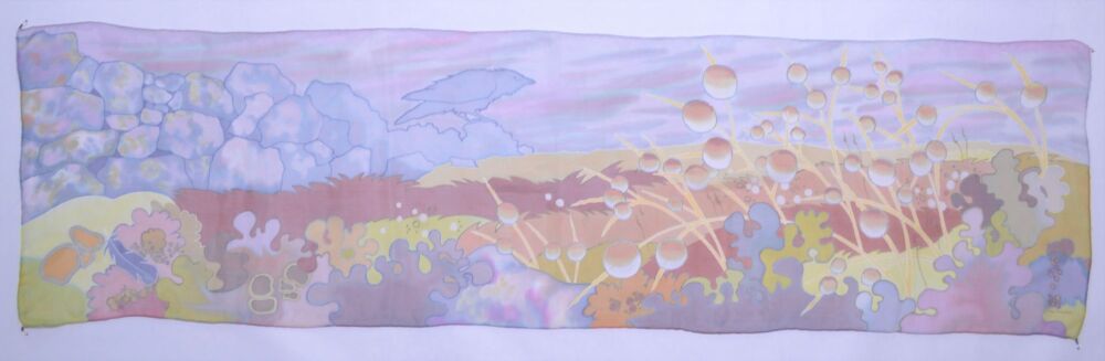 hand painted silk scarf of a raven on a drystane wall in the mist