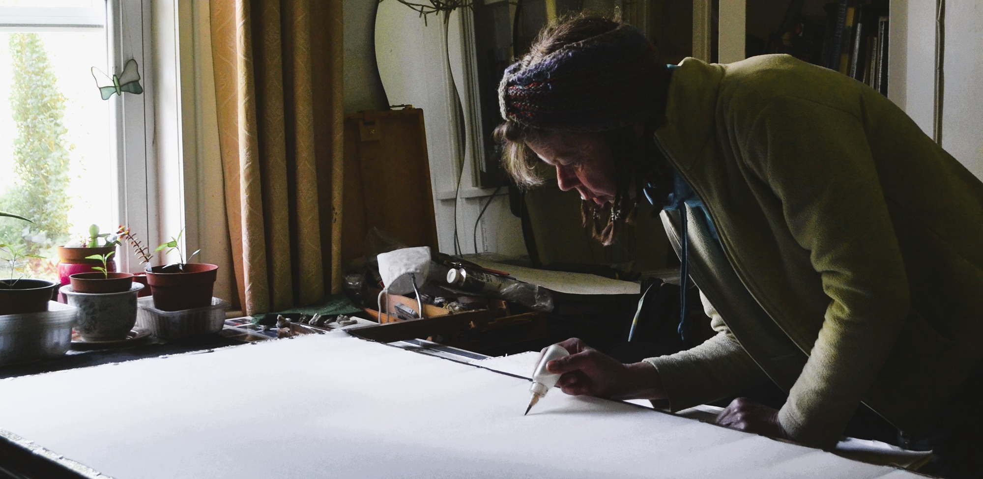 Hand painted silk scarf  being created