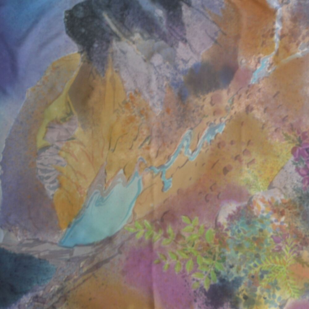 Mountain scene painted on a silk square in blue, rust, green and charcoal