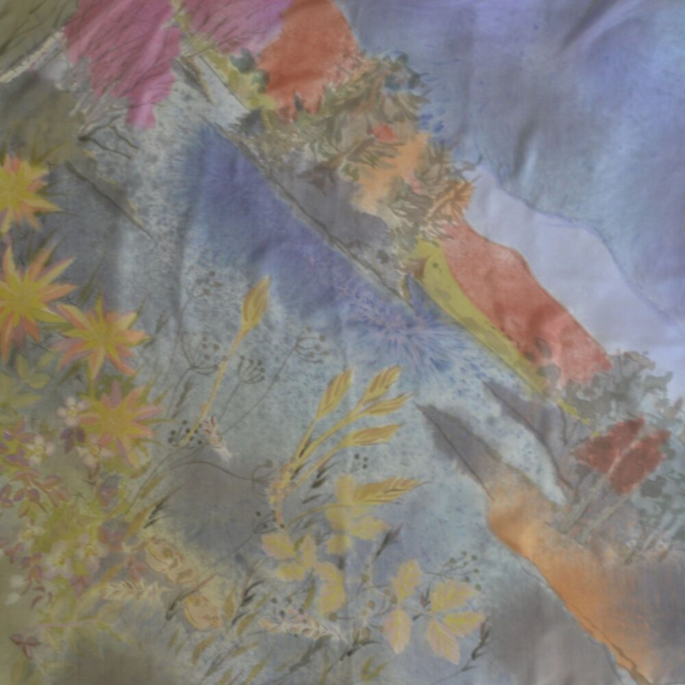Landscape painting on silk square of Loch Insh in soft natural colours 