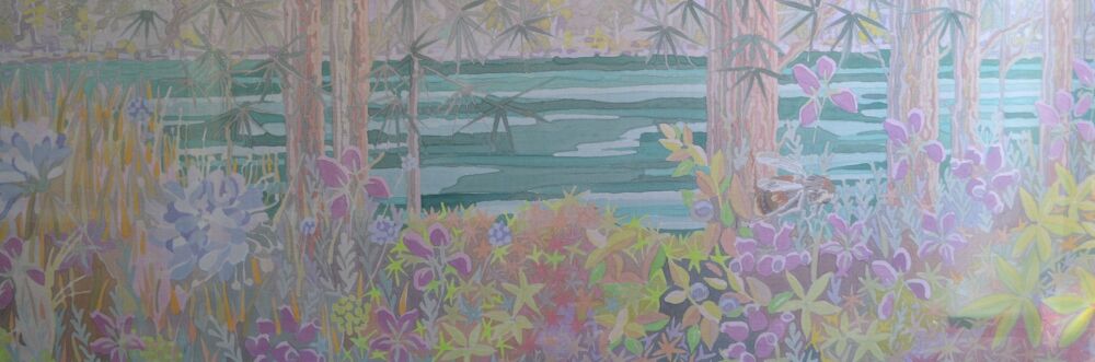 Bright painted silk scarf of a Scottish loch, flowers, a bee and trees