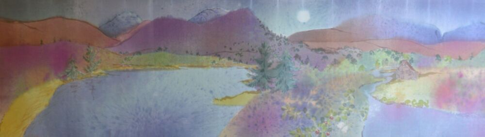 Painting on silk scarf of the moon rising over mountains and a lochan