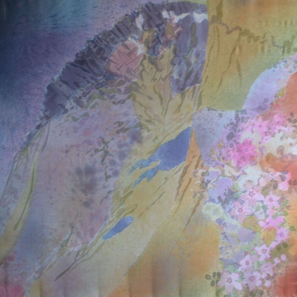 Mountain scene of Cairn Lochan painted on silk in blues, pinks and browns