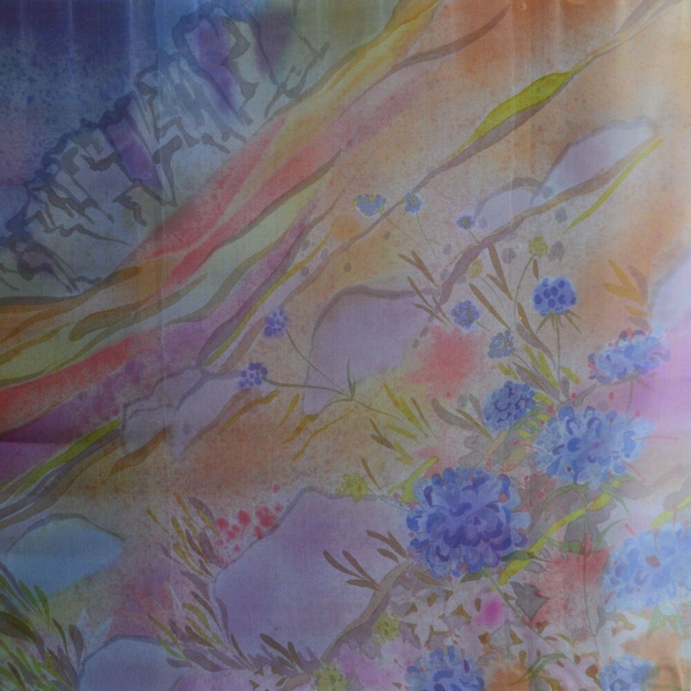 natural mountainous landscape painting with blue flowers in the foreground