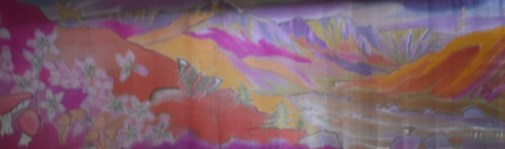 landscape in pinks and rusts with mountains and rivers