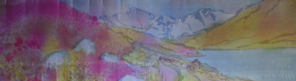 mountain and loch landscape in pinks, blues and golds