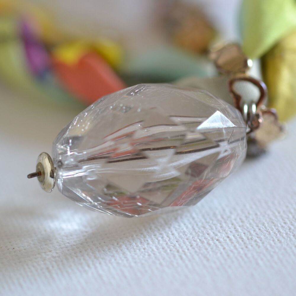 faceted clear glass bead on fabric necklace