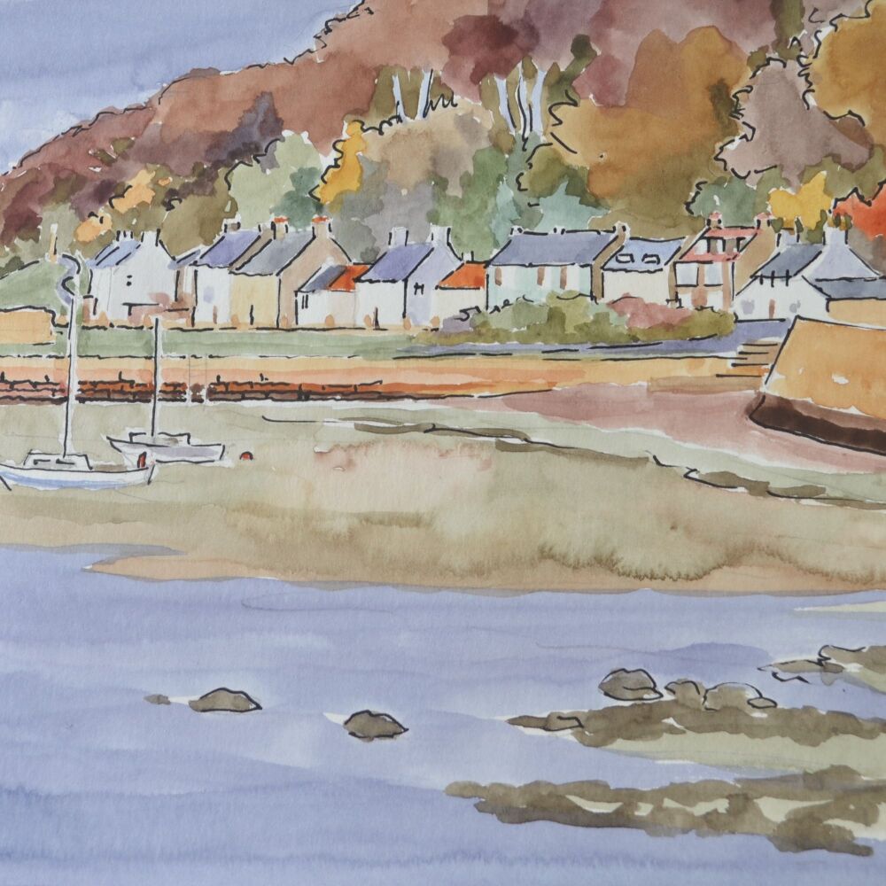 ink and watercolour of trees, houses and boats in the river Forth