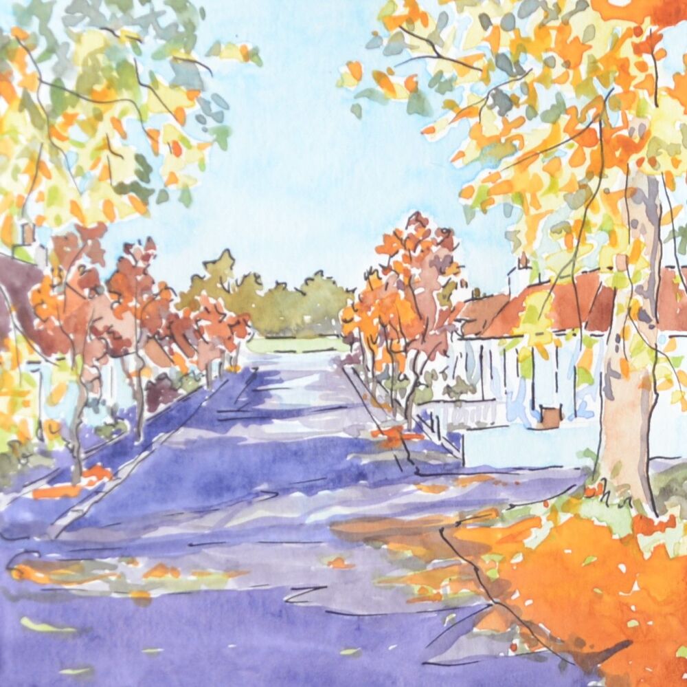 Ink and watercolour of autumn leaves and white cottages