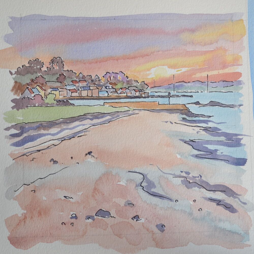 ink and watercolour of beach with sunrise 