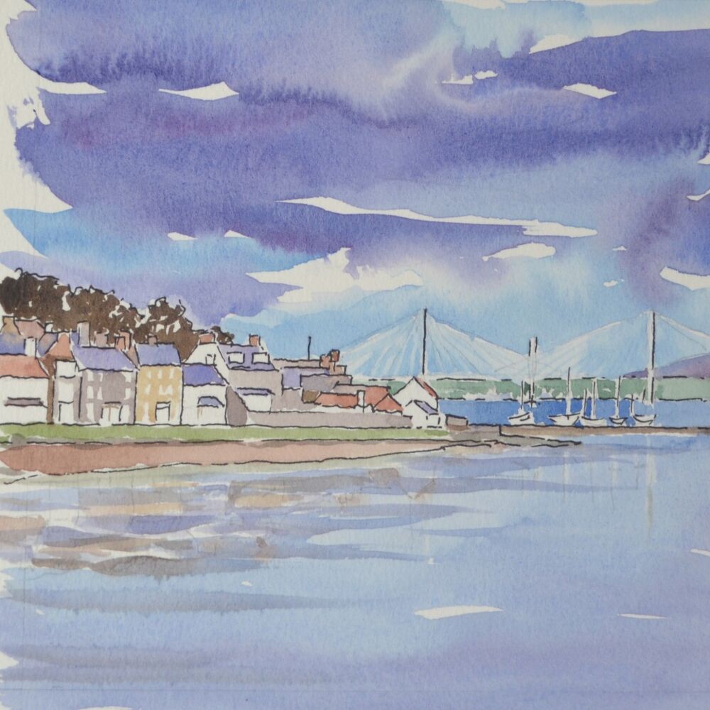 ink and watercolour showing village on river Forth