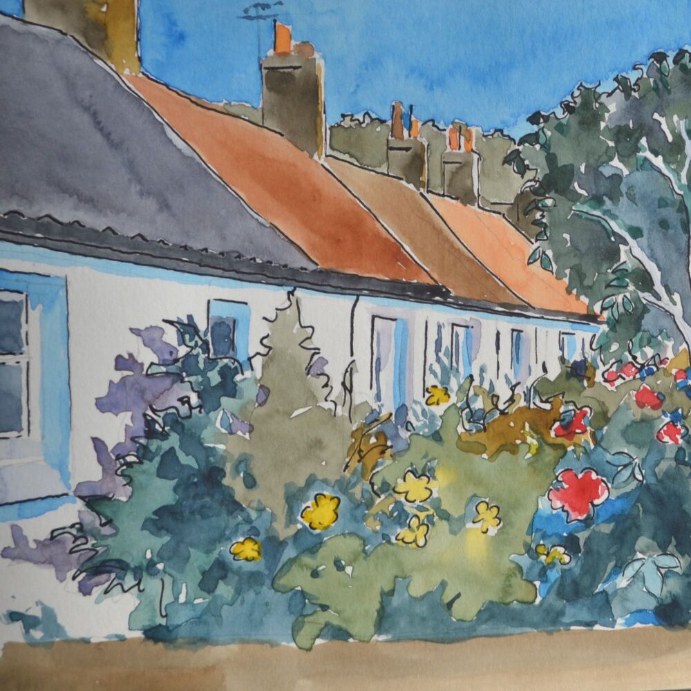 ink and watercolour of flowers in front of whitewashed cottages
