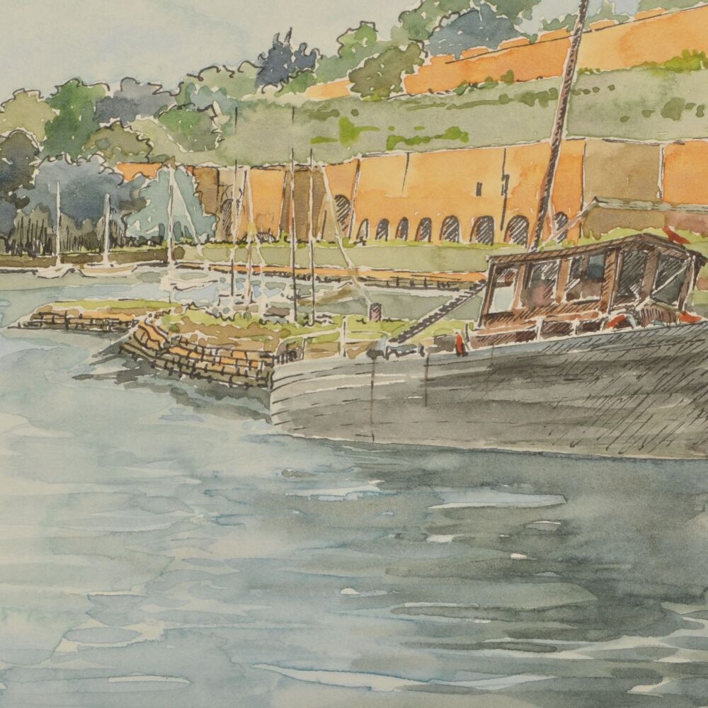 ink and watercolour of old boat in harbour in front of kilns