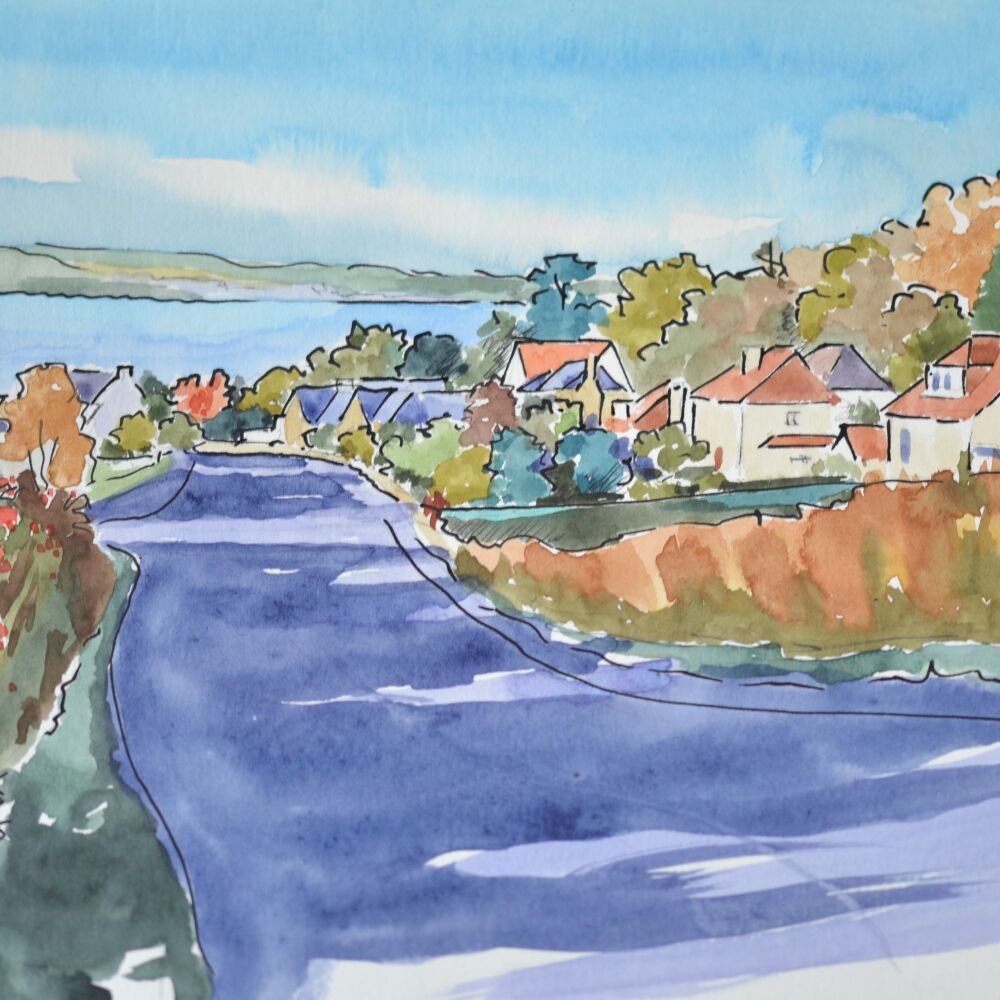 ink and watercolour of village on river Forth
