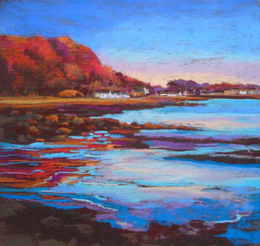 pastel  landscape in blues and oranges of trees, river and houses