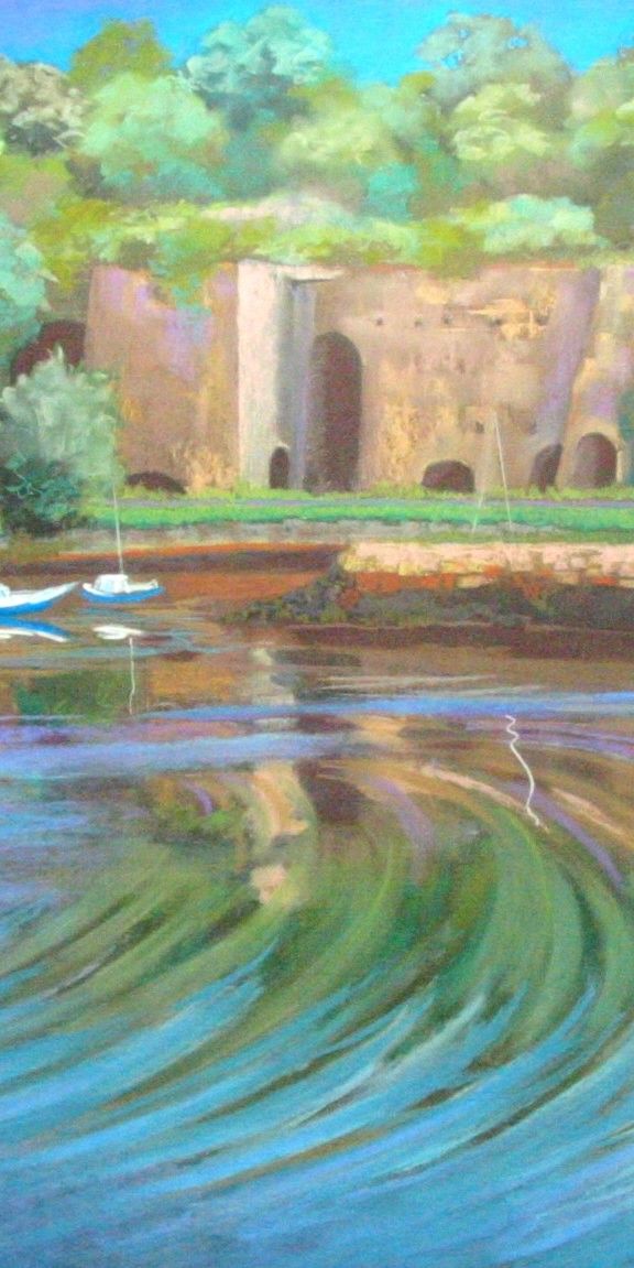 pastel in greens and browns of harbour with a couple of yachts in front of limekilns