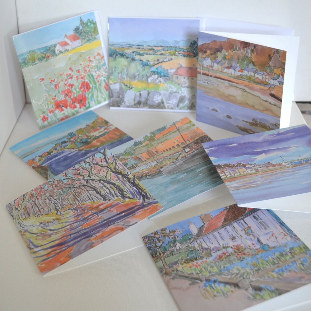 Collection of 8 cards pen and wash greetings cards