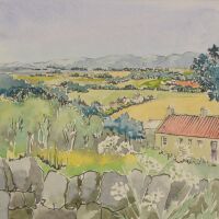 ink and watercolour of trees, fields and distant hills