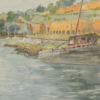 ink and watercolour of kilns, an old harbour and boats in the river Forth