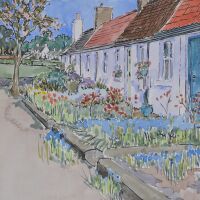 ink and watercolour of cottages and flowers
