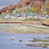 ink and watercolour of trees, houses and boats in a harbour