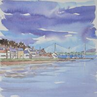 ink and watercolour of houses, sky and river