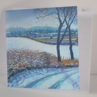 Card with a pastel of wintery scene looking towards Dunfermline and the rising full moon