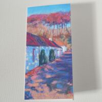 Card with a pastel of trees and cottages