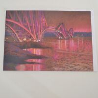 card with a pastel of a nighttime scene of the Forth Rail Bridge