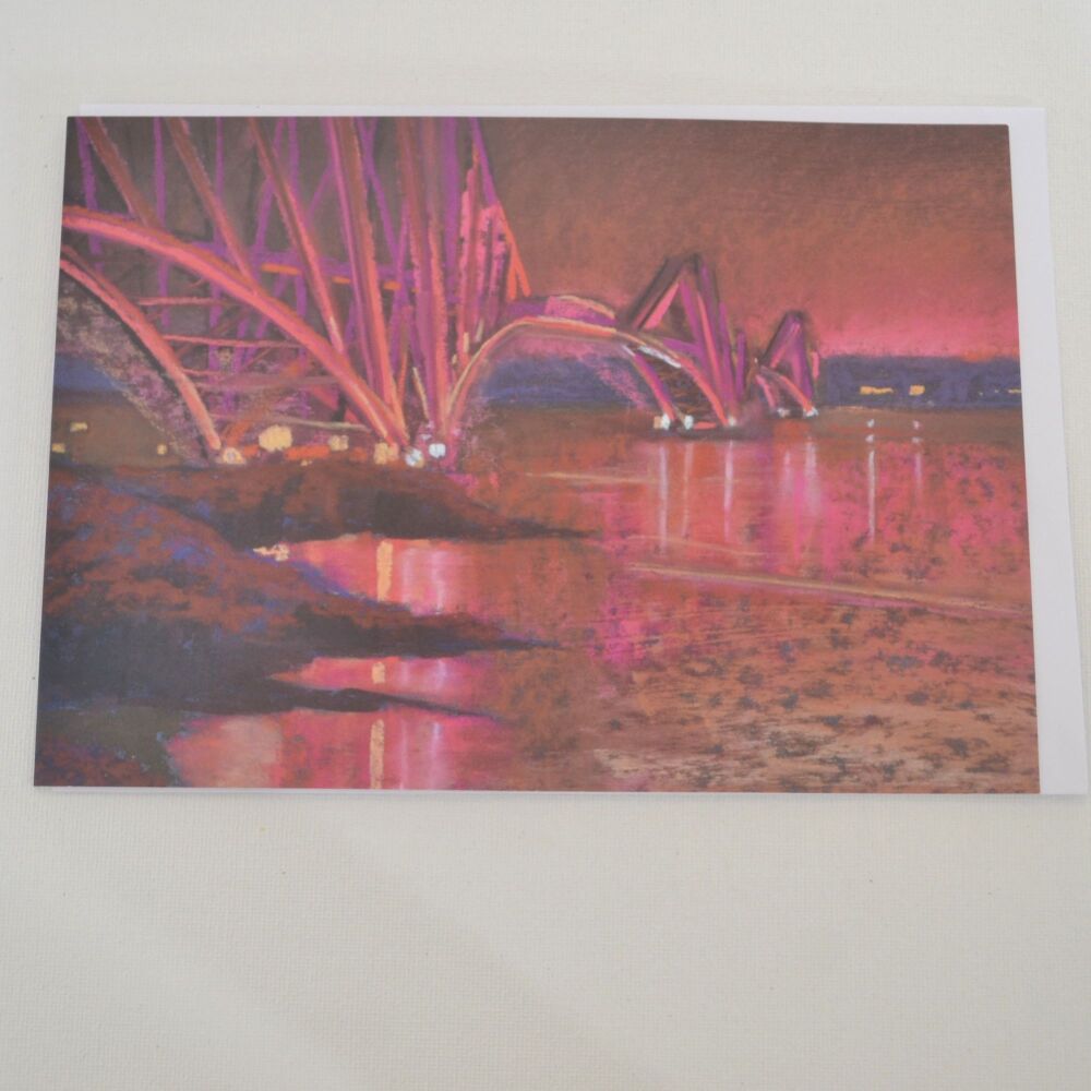 greetings card with a pastel of the Forth Rail Bridge at night