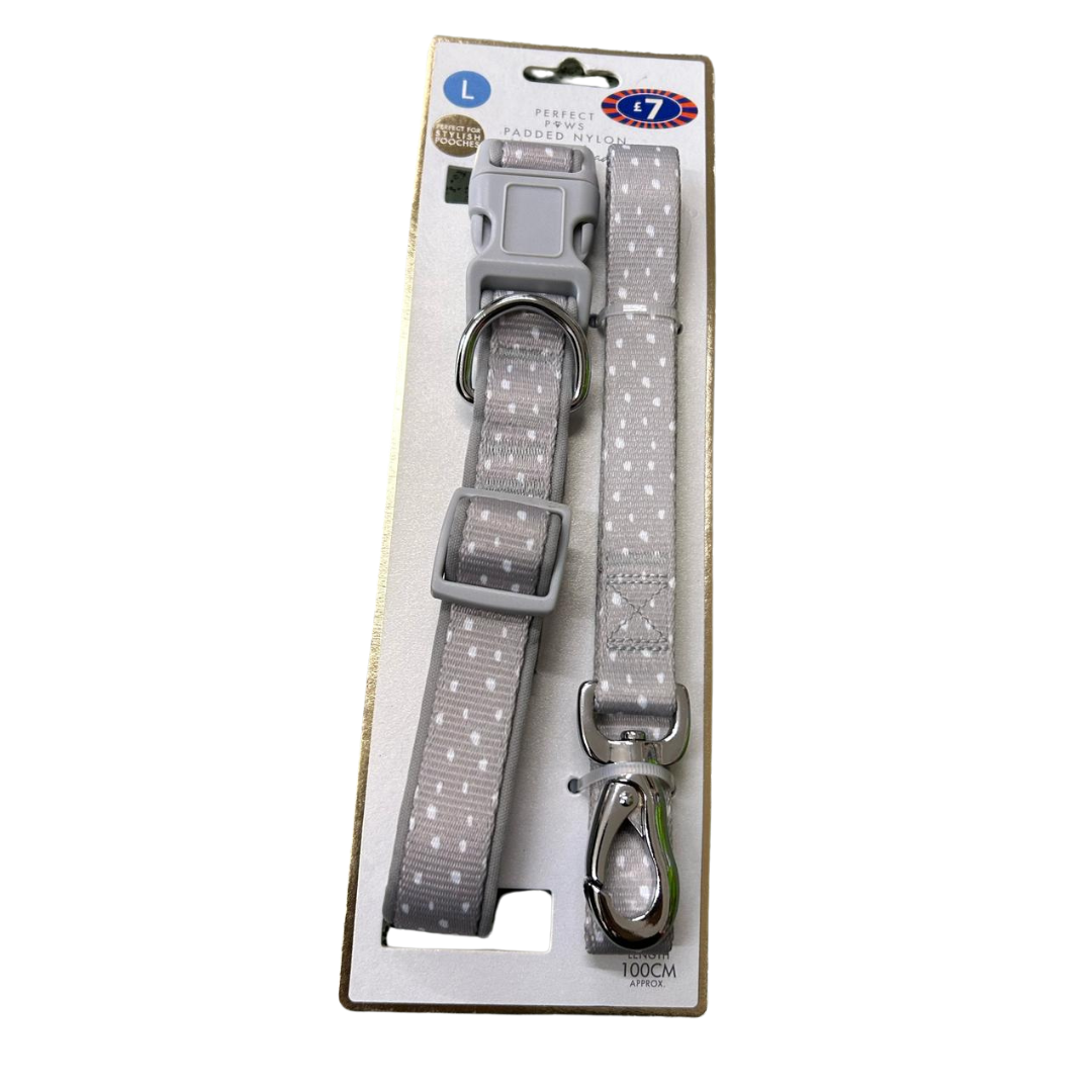 Perfect Paws Padded Nylon Collar and Lead Set - L Grey