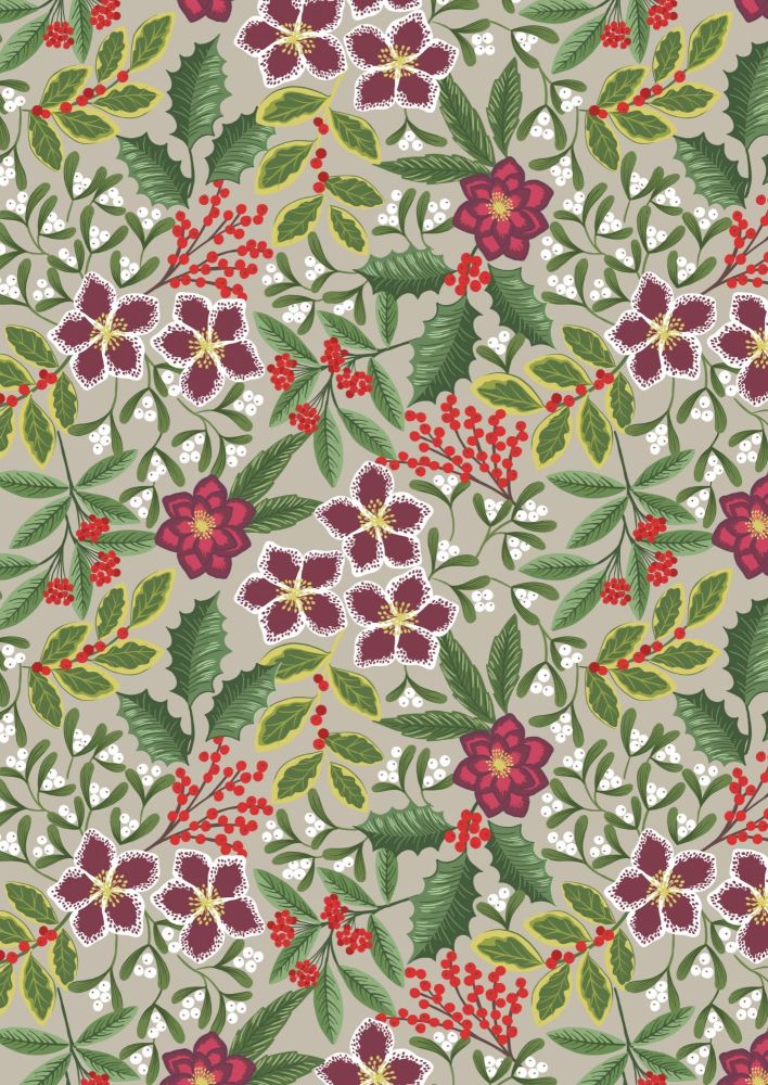 Lewis & Irene - Christmas - Noel - Winter Floral on beige background with g