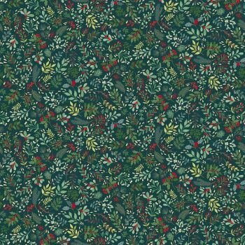 Makower - Enchanted Christmas - pretty Christmas foliage on dark green with gold highlights