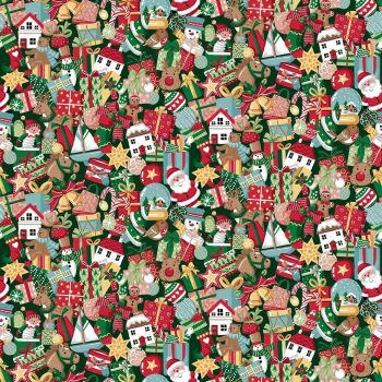 Makower - Christmas Wishes - Vintage stocking fillers on green