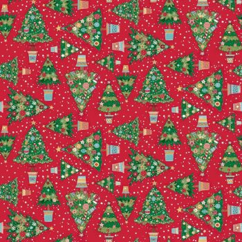 Makower - Christmas Wishes - Christmas trees on red