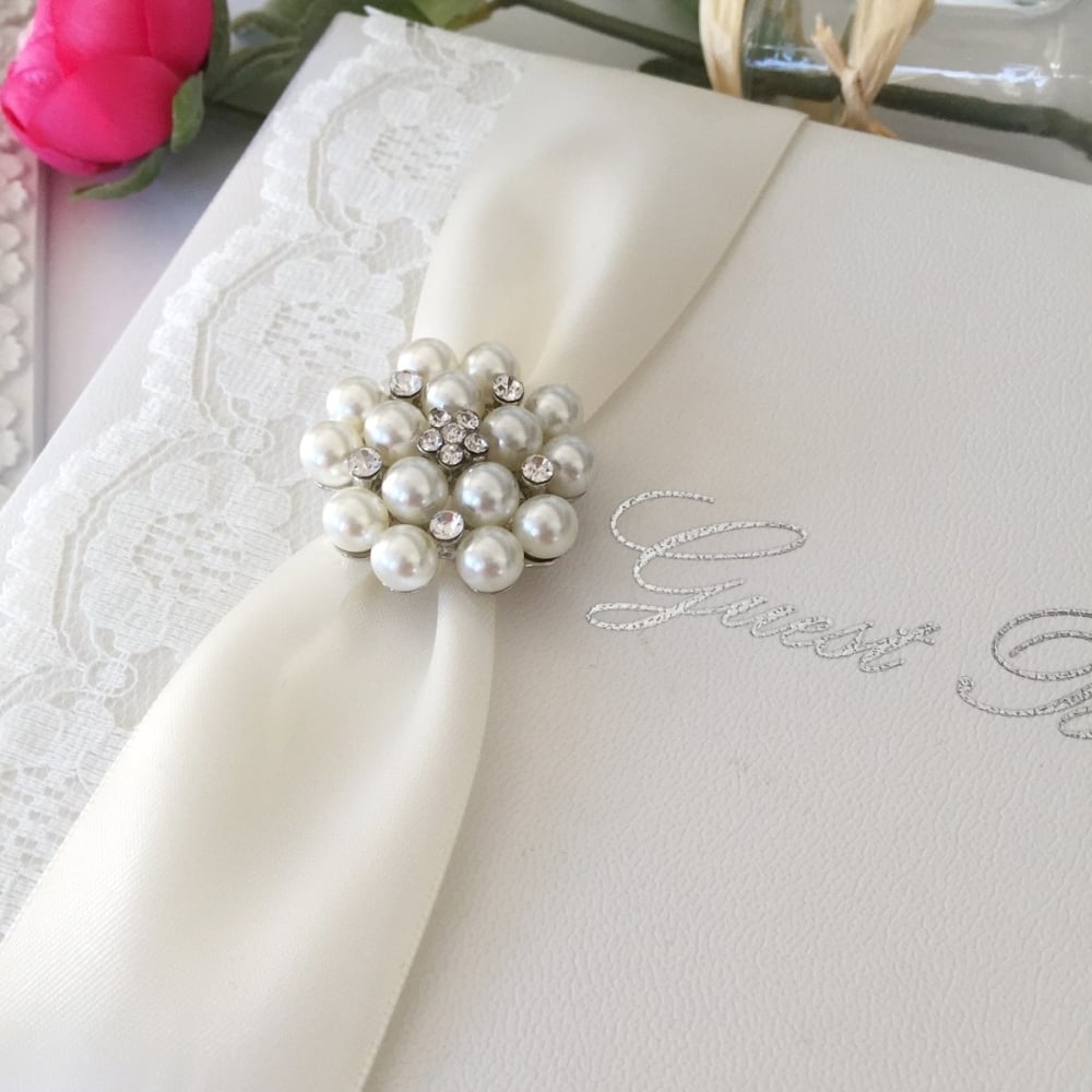 Vintage style guest book with lace