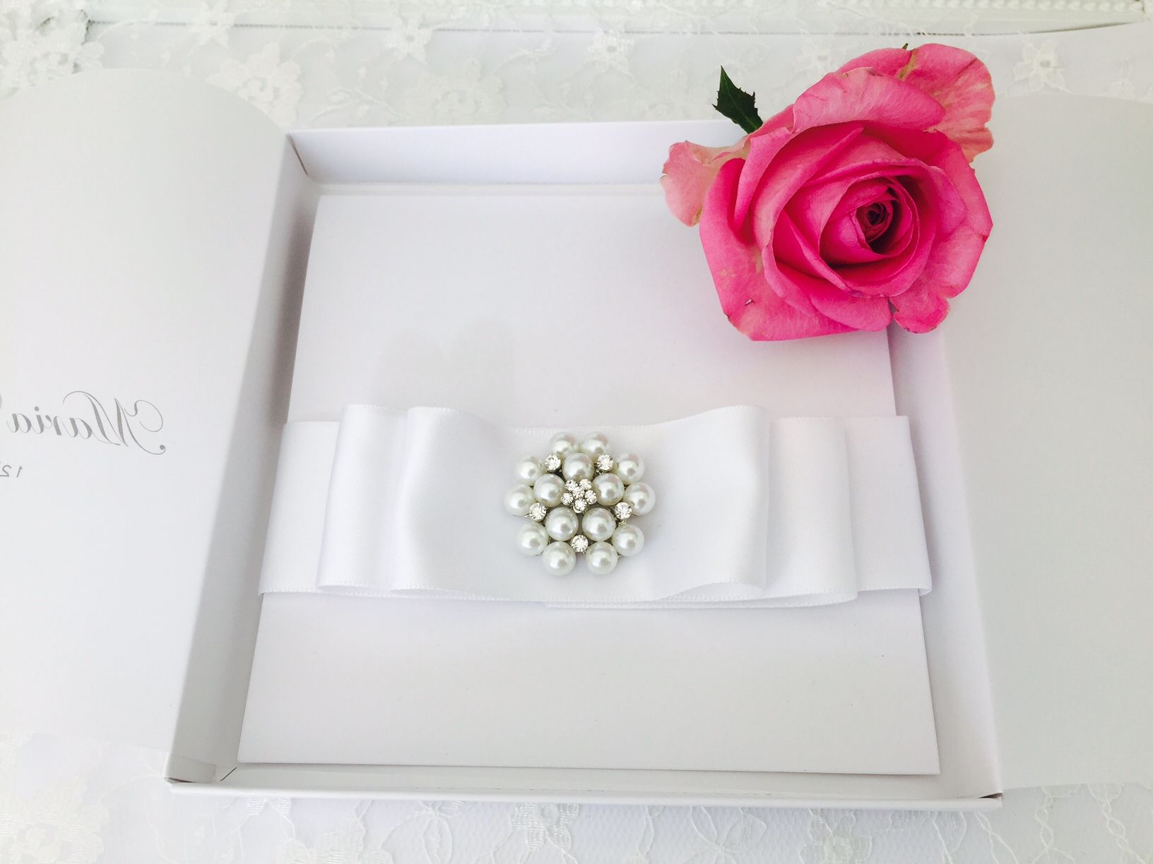 Luxury Boxed wedding invitation with pearl brooch