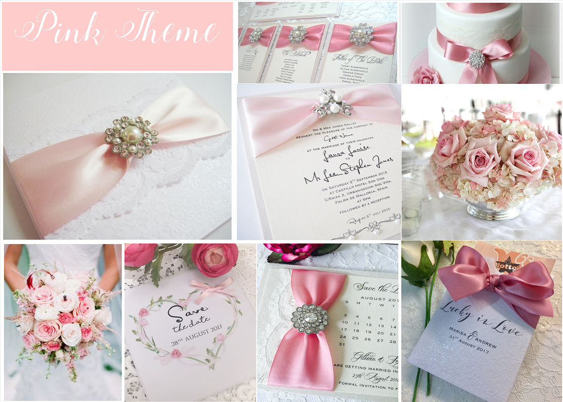 Pink wedding invitations with brooches