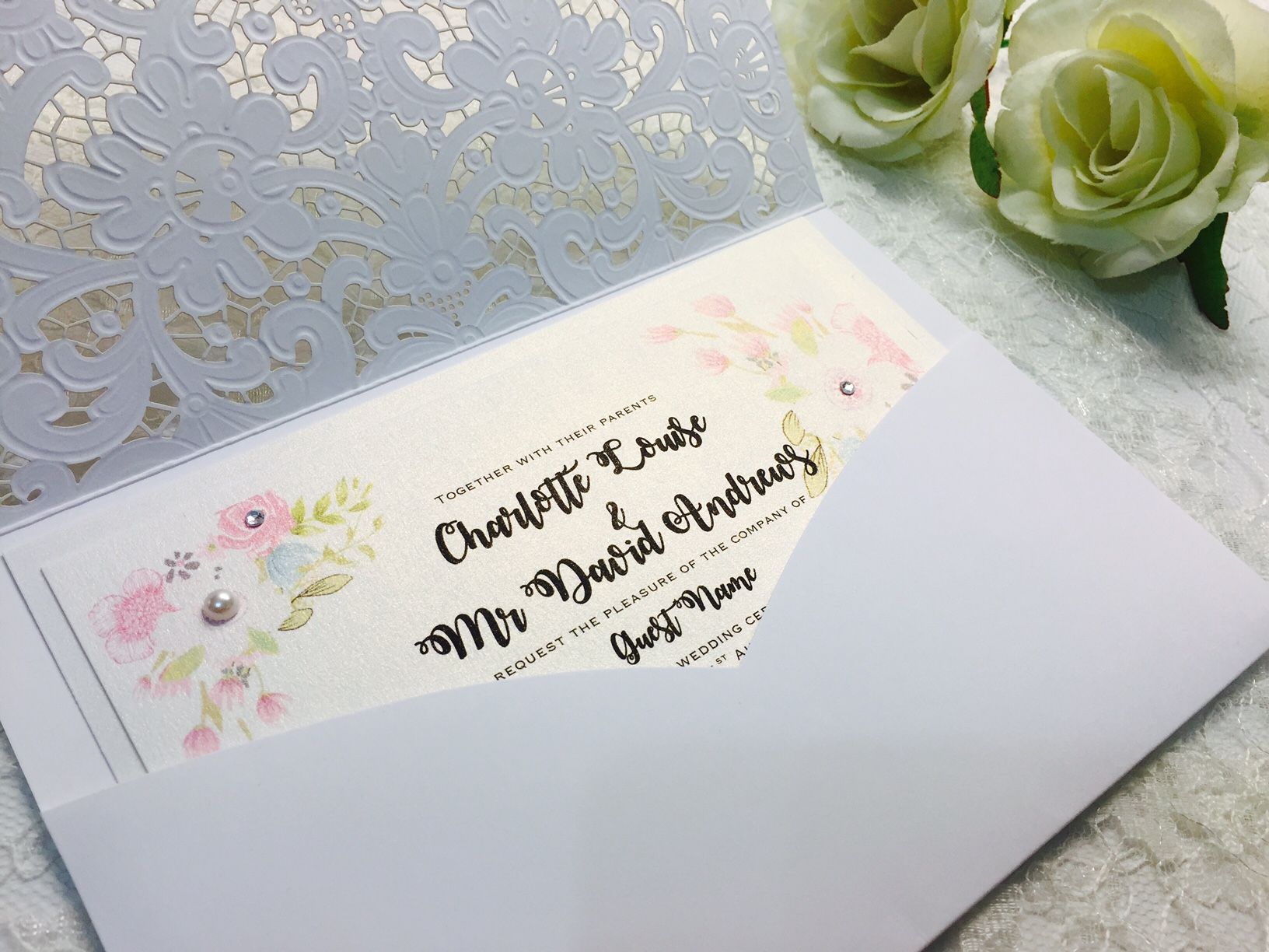 laser cut lace envelope wedding invitations