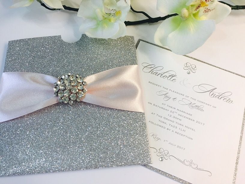 Glitter pocket wedding invitations