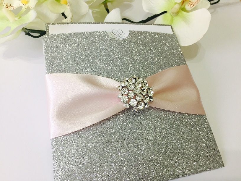 Luxury glitter pocket style invitations with diamante brooch