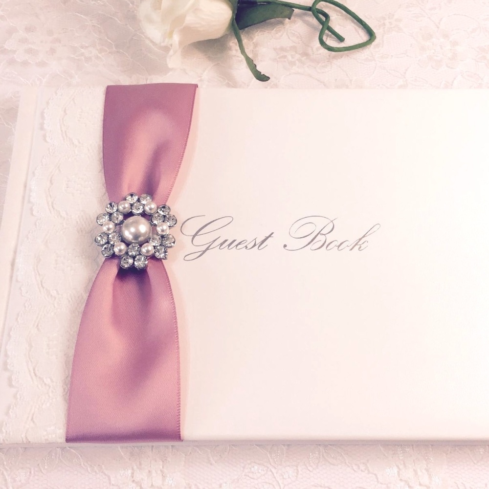 Guest Book with Lace and Pearl Brooch
