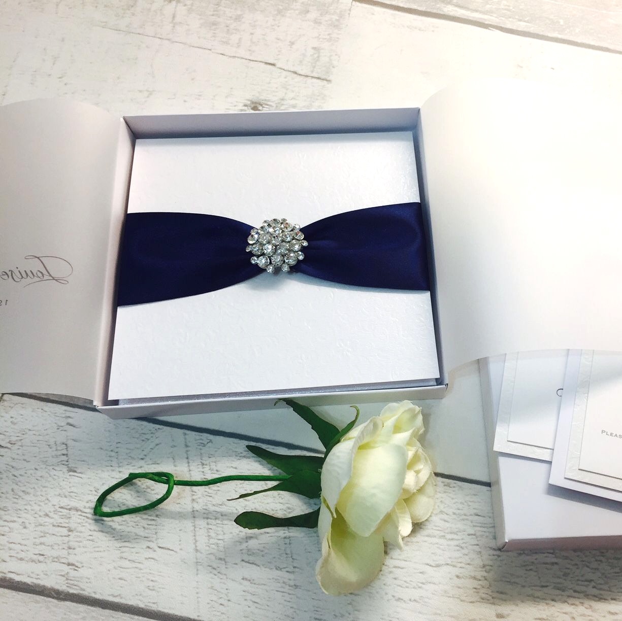 Simple boxed wedding invitation with rsvp inserts and personalised box