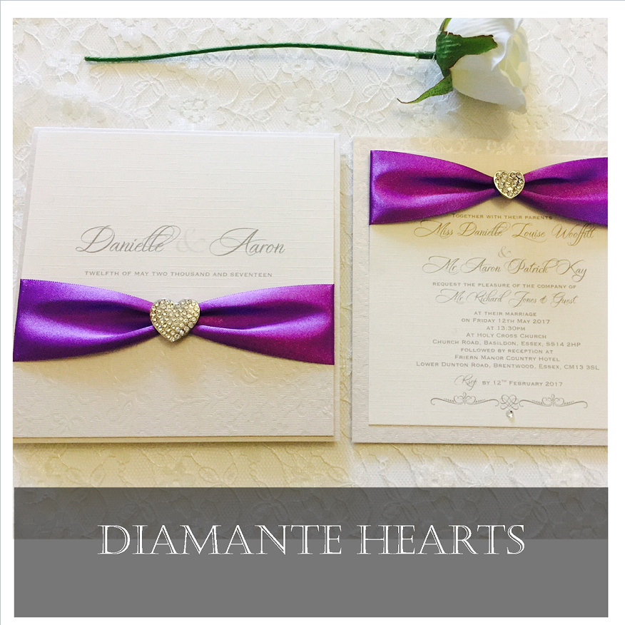 Heart Wedding Invitations with diamante brooch