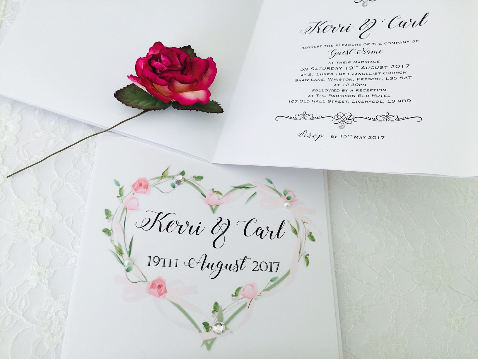 Vintage flower hearts wedding invitations personalised inserts