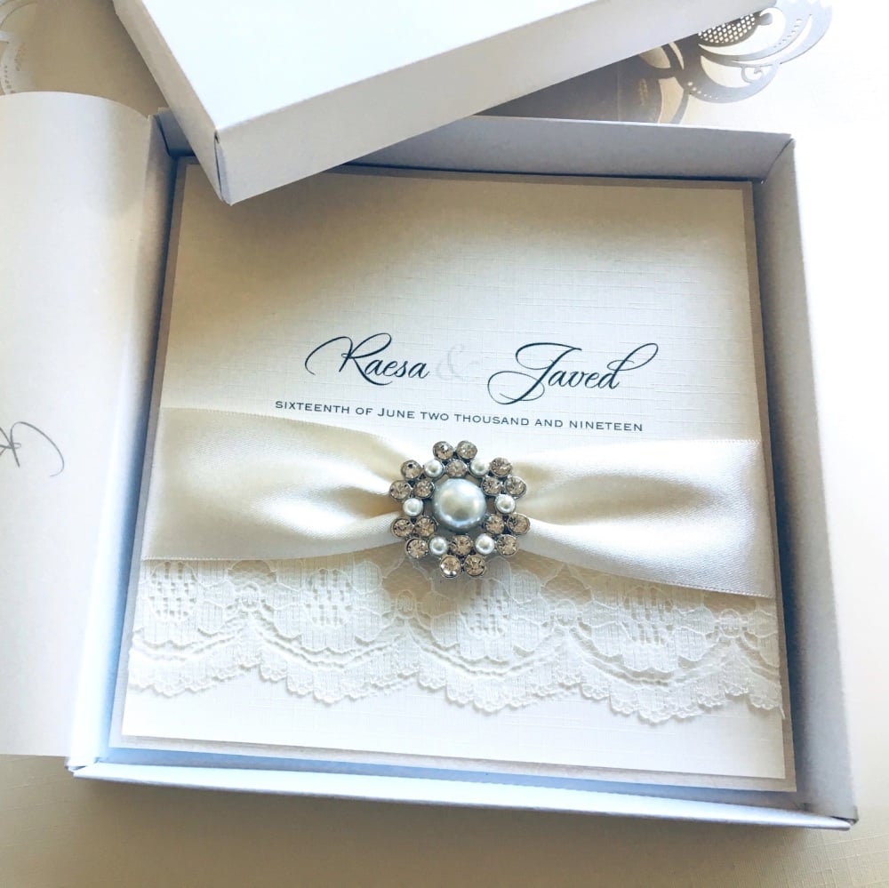 Ivory wedding invitation in box with Lace and brooch