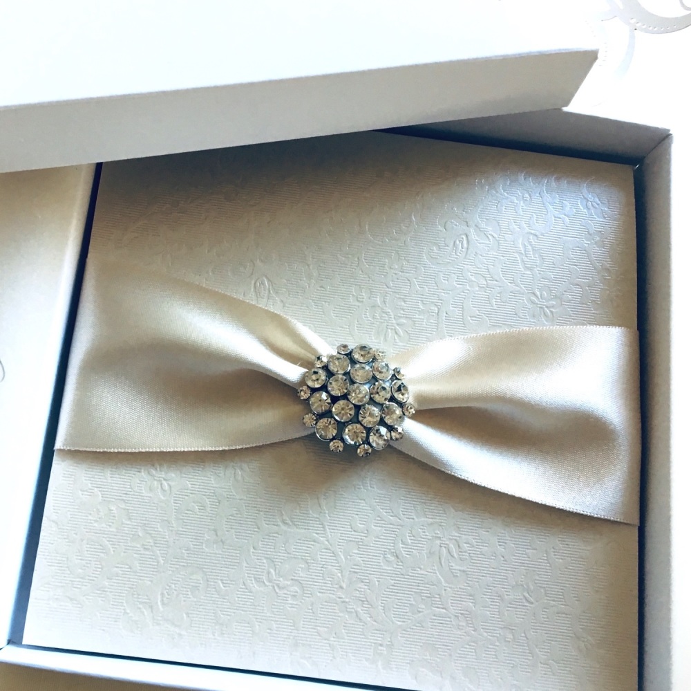 Crystal wedding invitation with champagne ivory ribbon