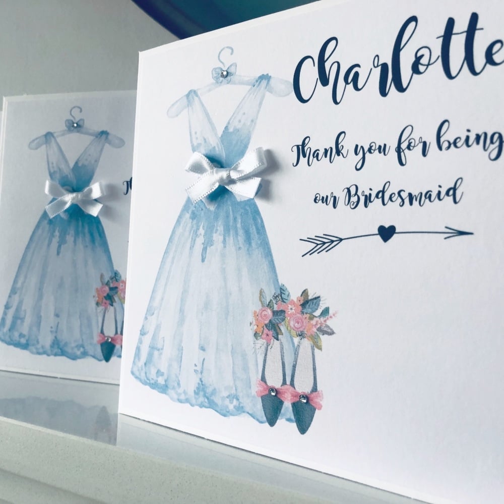Thank you for being My Bridesmaid Personalised Card with Blue Dress
